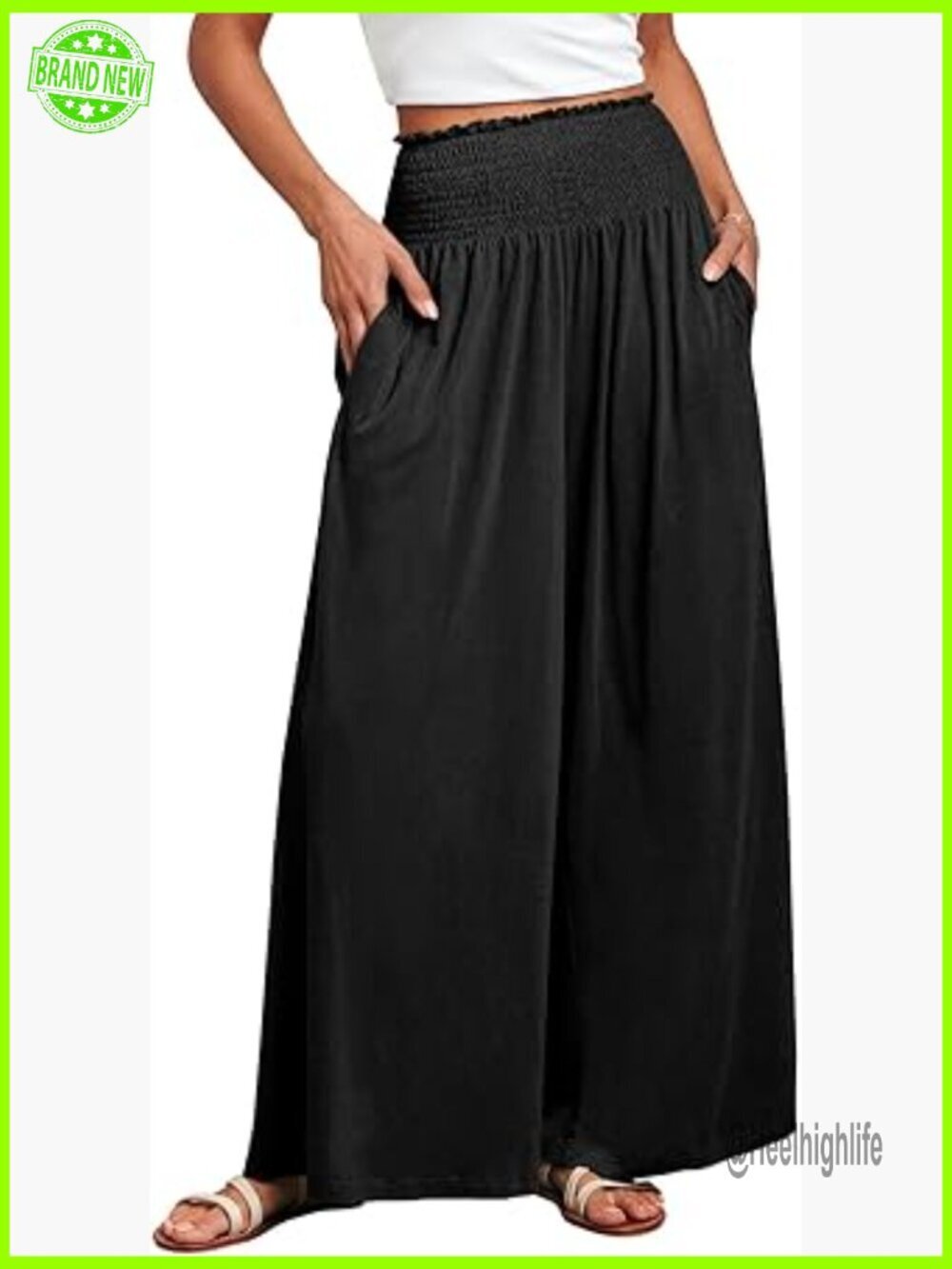 Wide Leg Palazzo Pants High Waist Smocked Casual Loose Lounge with Pockets